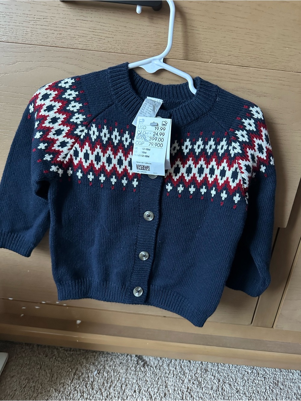 H&M Navy Blue Knit Cardigan with Red and White Fair Isle Pattern